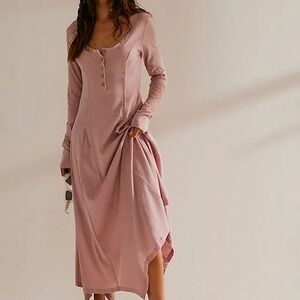 FREE PEOPLE FP BEACH Ribbed Henley Mauve Blush Long Sleeve Maxi Dress